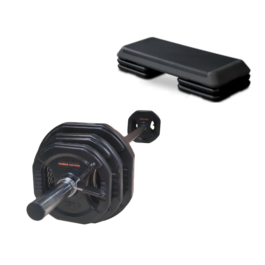 Muscle Motion 20kg Standard Black Rubber Barbell Pump Set Plus Aerobic Step Package