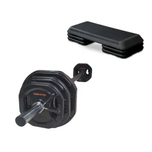 Muscle Motion 20kg Standard Black Rubber Barbell Pump Set Plus Aerobic Step Package