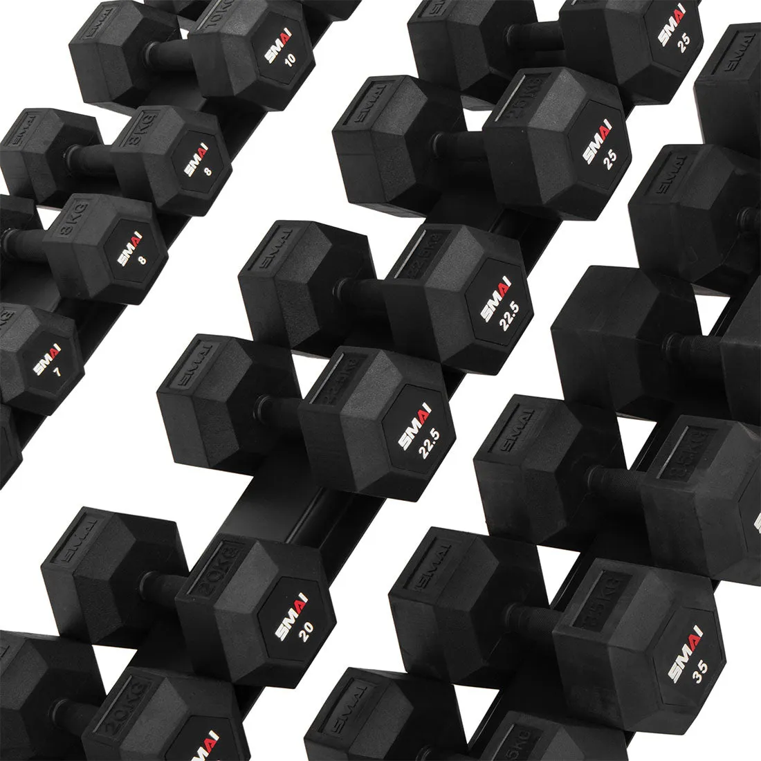 Rubber Hex Dumbbell Set 5kg - 40kg with Rack - Vanta Series Smai