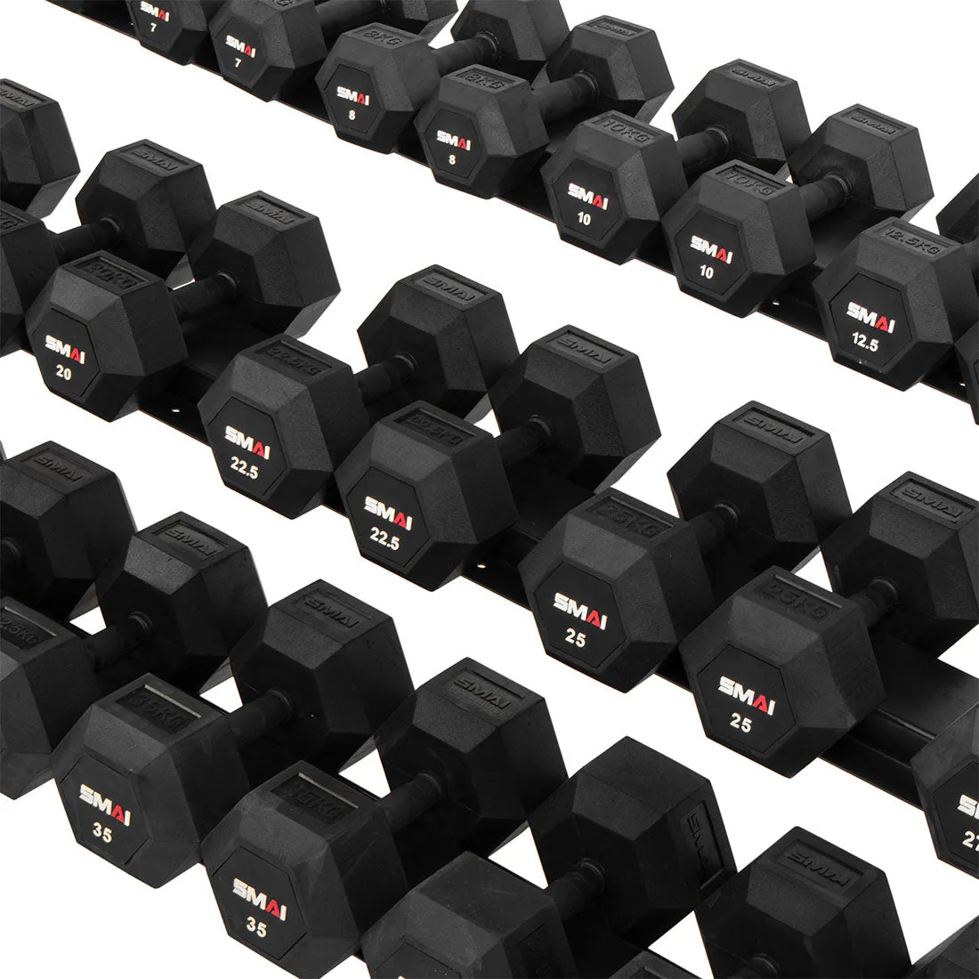 Rubber Hex Dumbbell Set 5kg - 40kg with Rack - Vanta Series Smai